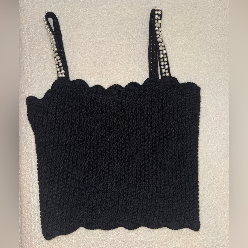 Aqua Faux Pearl Embellished Knit Tank in Black 🖤